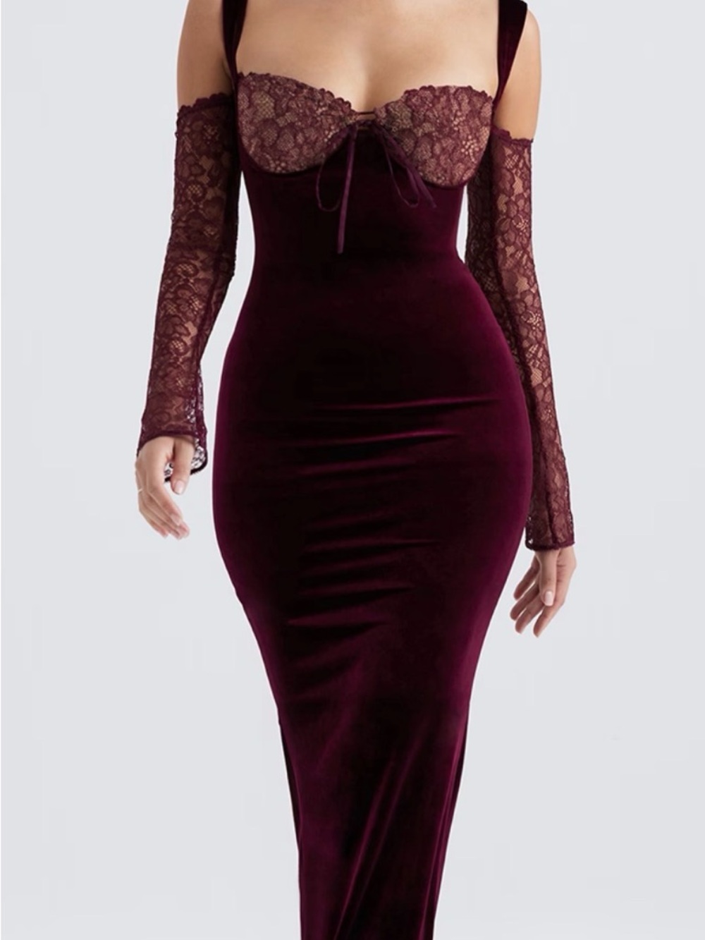 House of CB Deep Burgundy Velvet Lace Sleeve Bodycon Gown